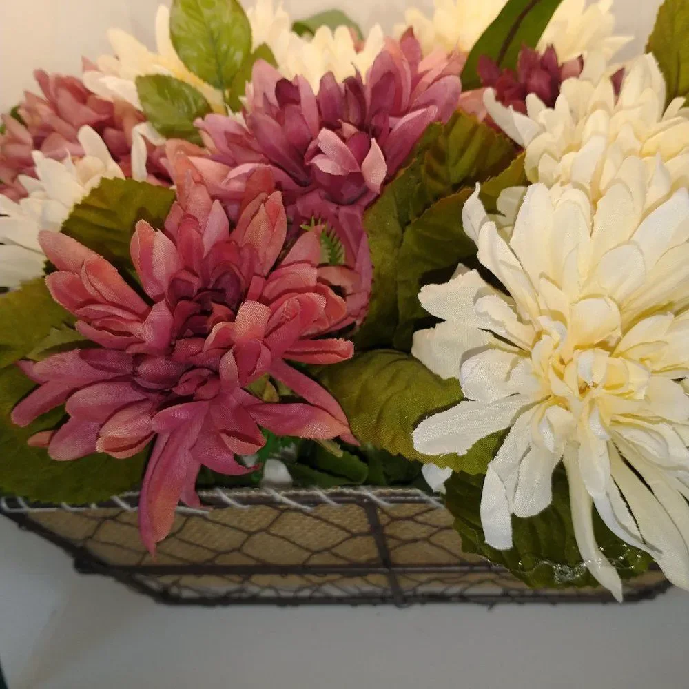 Hand Crafted Floral Table Centerpiece Fall Chrysanthemum Mauve White Basket